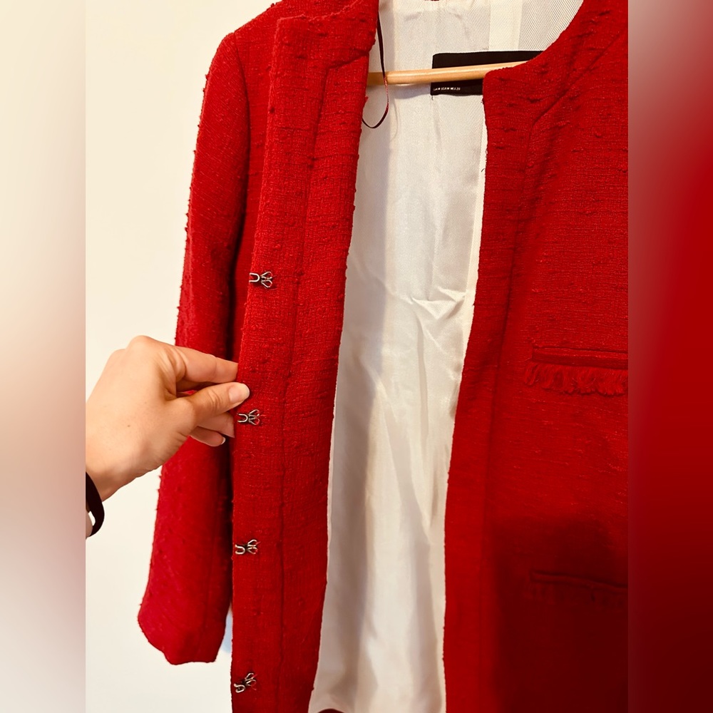 Zara Red Boucher Long Fringe Pocket Jacket - M